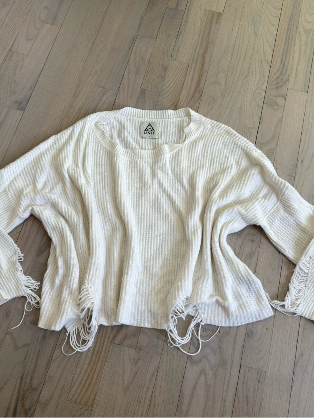UNIF Off White Distressed Oversized Knit Sweater Small